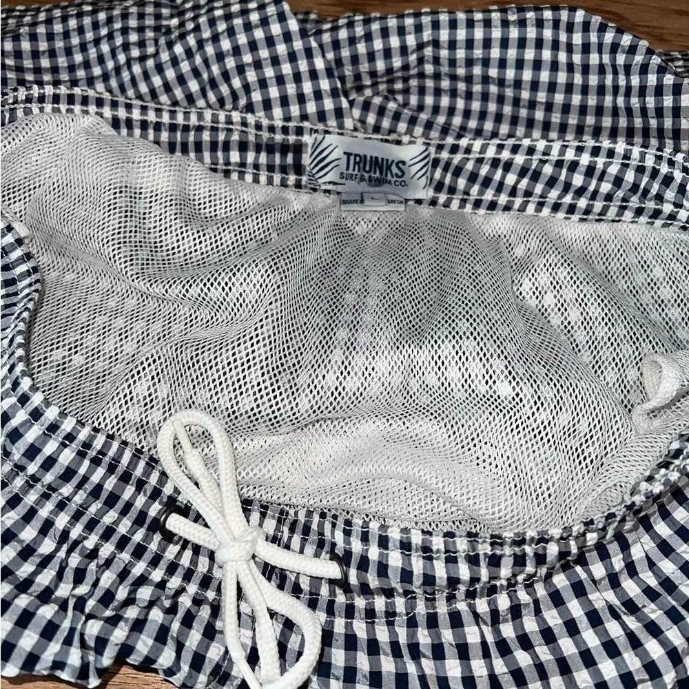 Men TRUNKS Surf & Swim Co. dark blue plaid lined swim trunk size large